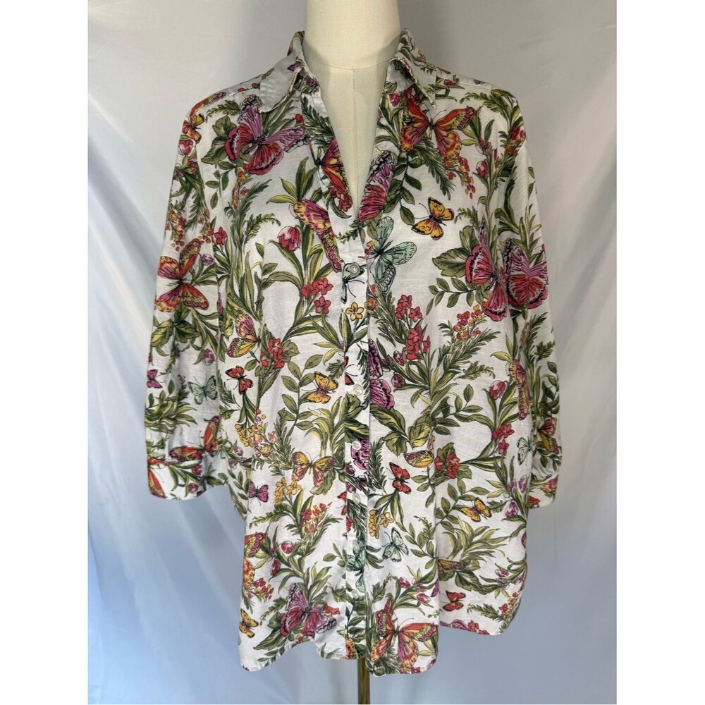 Lane Bryant Botanical Butterfly Floral Cotton 3/4 Sleeve Button Front Blouse
